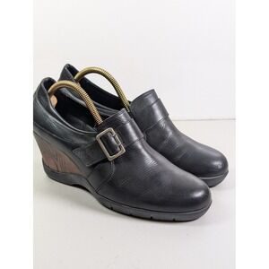 SANITA Black Leather Wedge Loafer Clogs Buckle Detail Danish Design Women's 42